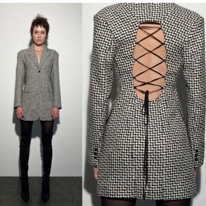 Zara Houndstooth Lace-Up Back Blazer Dress XS | Open Back NYE Party Mini